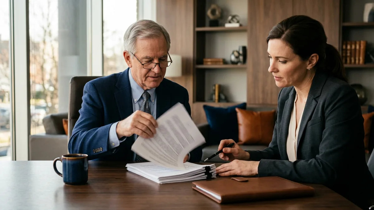 Dealer principal and CFO reading the service level section of an IT support contract in a dealership office