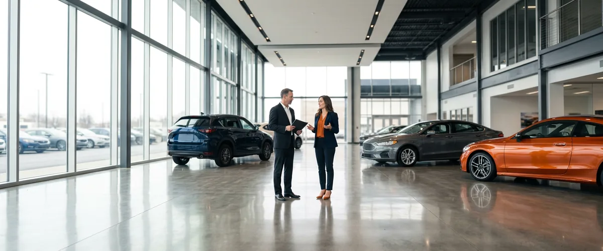 Car dealership showroom at opening time on a Saturday morning with a salesperson and sales manager preparing for the day