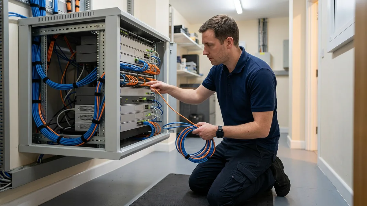 IT technician tracing patch cables in a car dealership network rack that carries the phone system