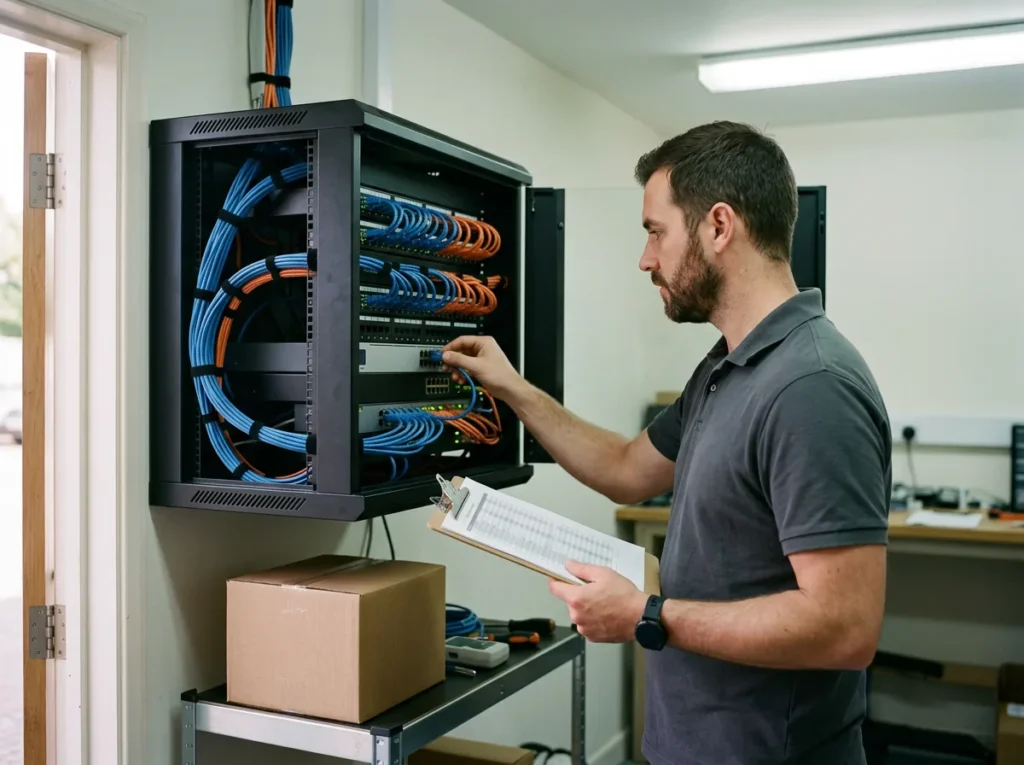 IT technician seating a network cable in an open wall cabinet in a dealership back room while holding a printed checklist on a clipboard