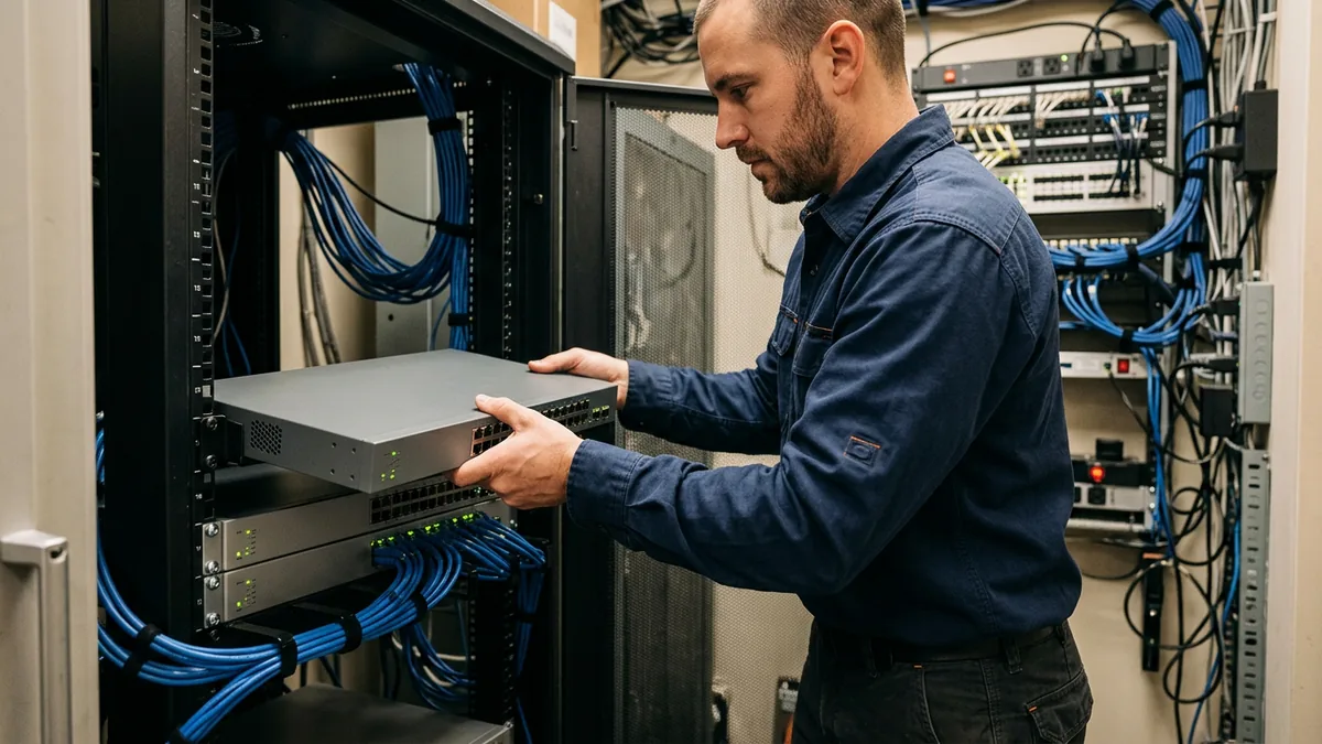 IT field technician replacing a network switch in a car dealership network closet