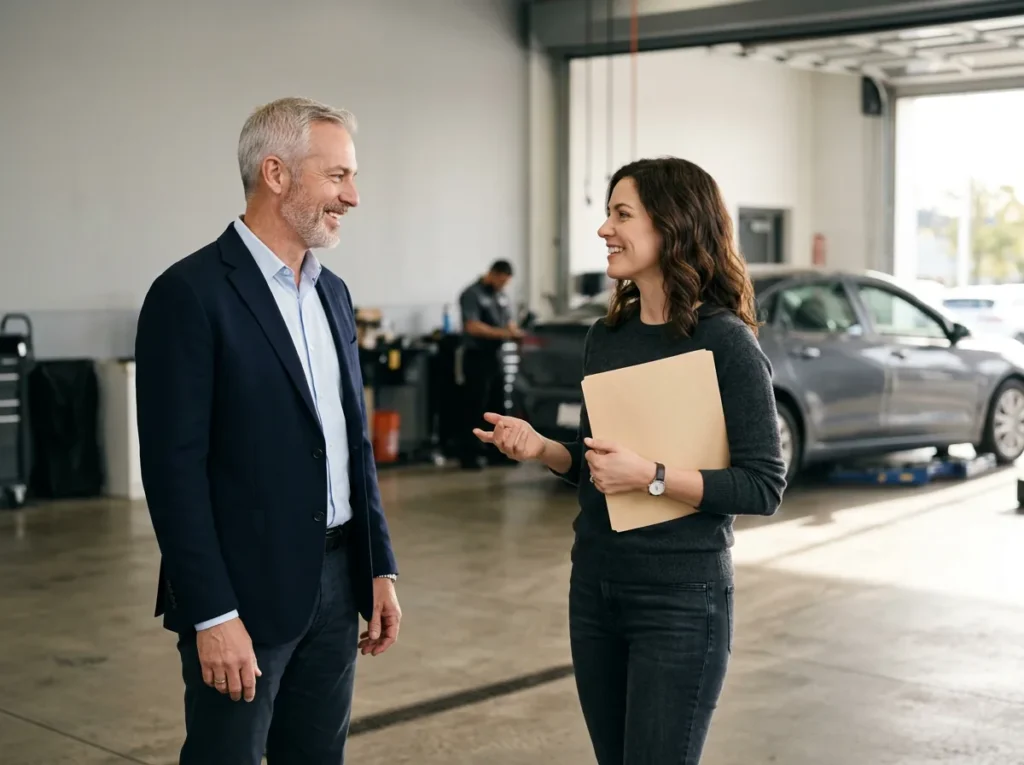 Dealership manager and an IT project lead smiling mid-conversation in a bright service drive, with a car in a service bay behind them