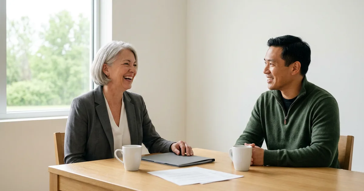Dealership executive laughing with an IT project manager across a conference table in a bright dealership office