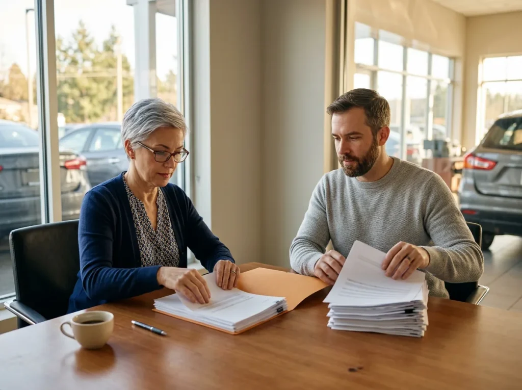 Dealership controller and an IT account manager sorting printed vendor invoices into two piles at a conference table