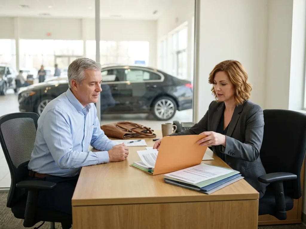 Dealer principal and an IT account manager gathering separate vendor invoices and contracts into one folder in a dealership office