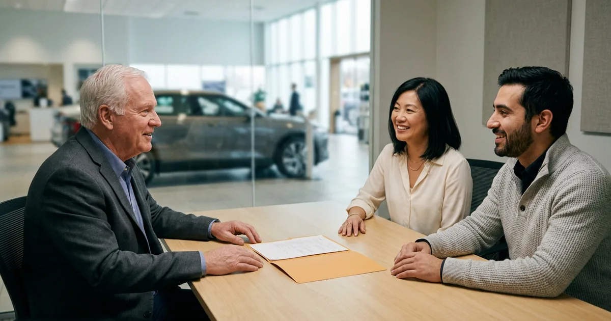 Dealer principal, CFO and an IT account manager reviewing one folder together at a dealership conference table