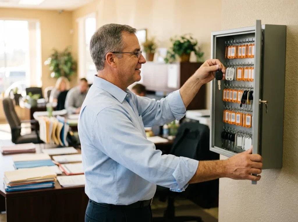 Sales manager taking a vehicle key from a wall-mounted key cabinet with orange and white key tags in a dealership sales office