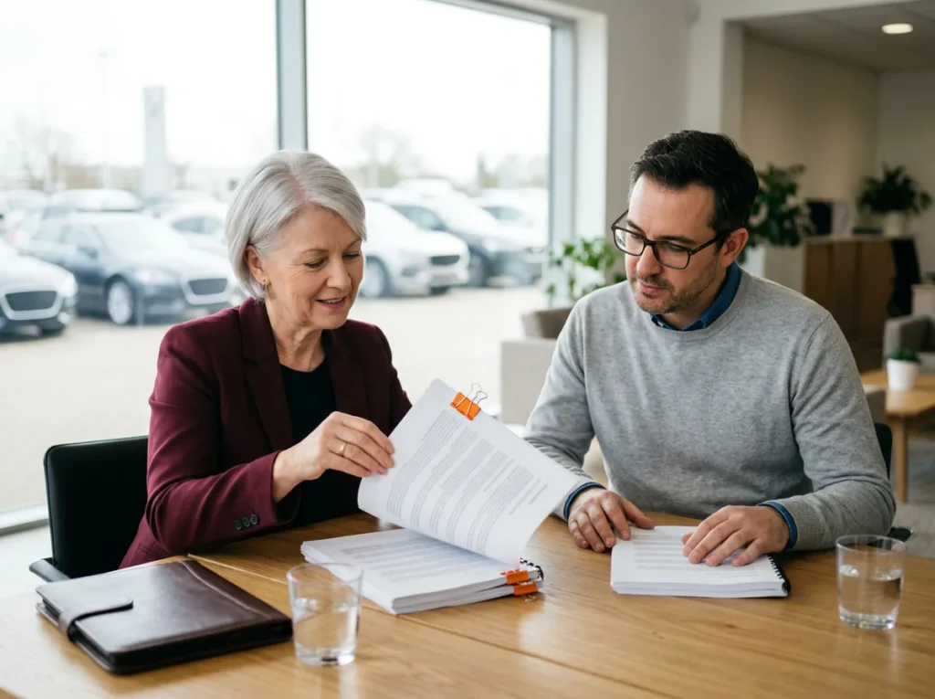 Dealer principal and chief financial officer reading a printed bound AI readiness report together at a conference table in a dealership office