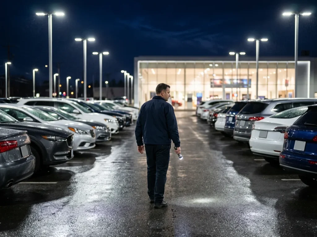Lot attendant walking between rows of parked cars with a flashlight on a dealership lot at night under tall lot lights