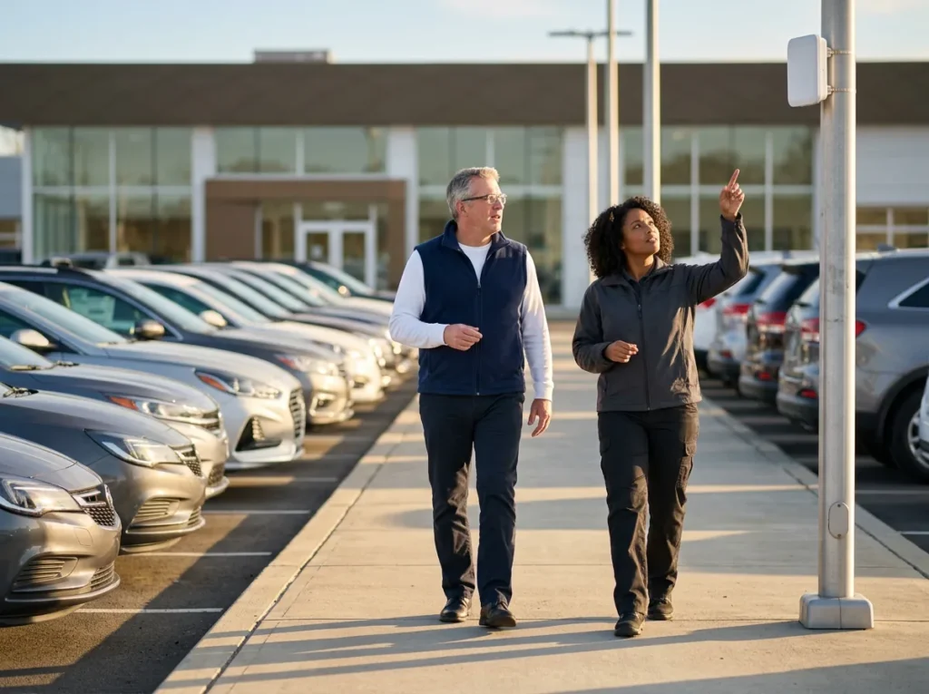 IT manager and network technician walking a dealership lot as the technician points to an outdoor wireless access point on a light pole