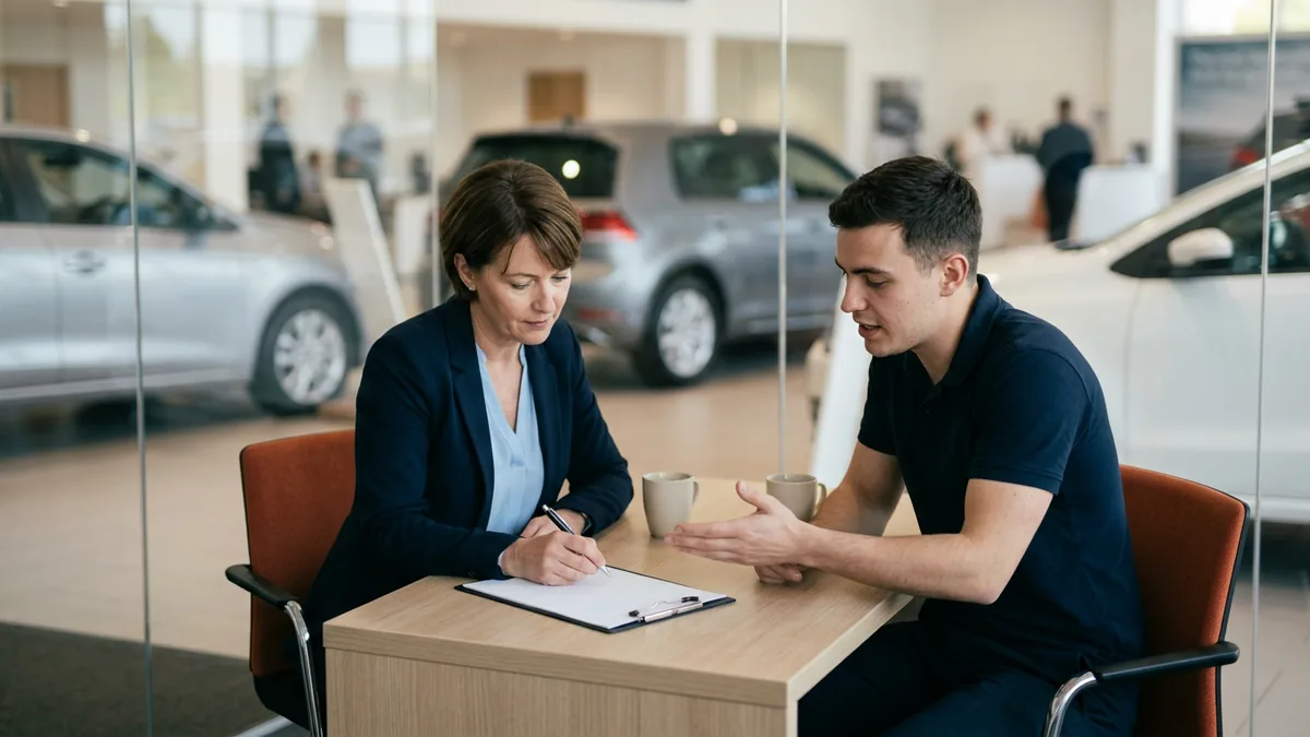 Dealership manager and an employee filling in a one-page ownership sheet on a clipboard for an app the employee built with AI