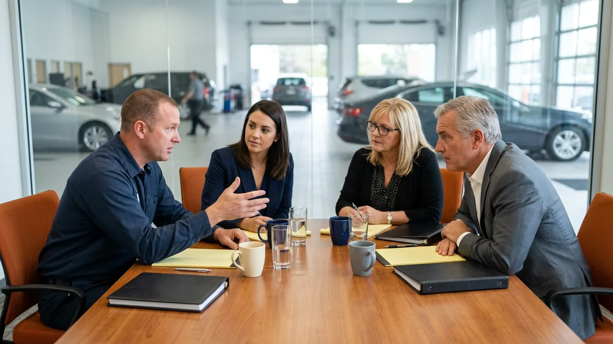 Dealership managers from service, F&I and accounting meeting to assign follow-ups from the month's Safeguards Rule updates