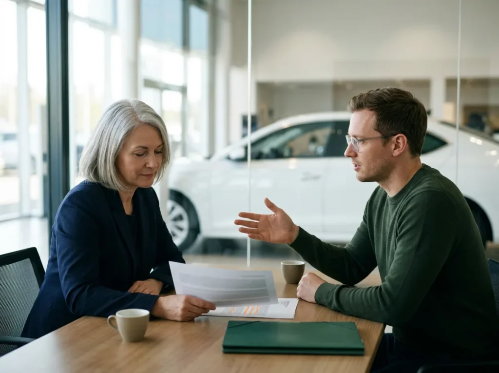 Dealership general manager reading a printed findings report while a security engineer explains a point across the table