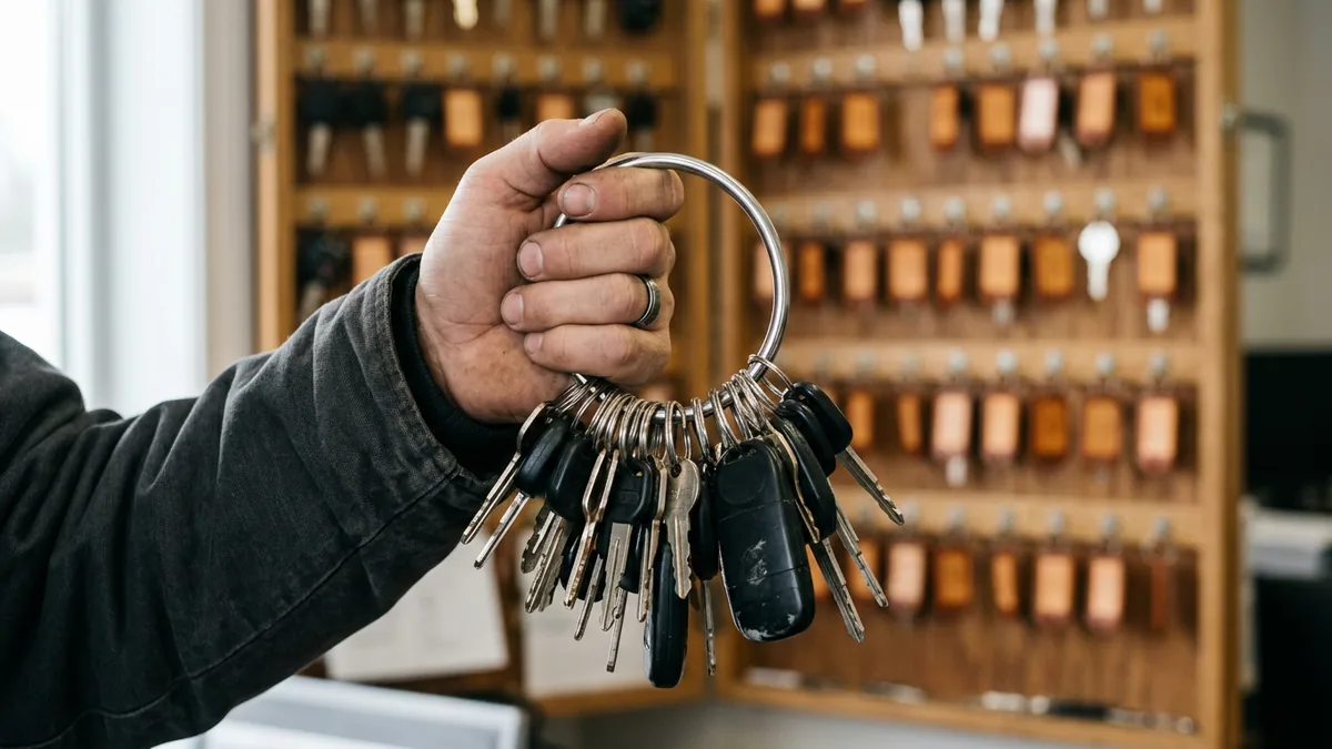 Hand holding a large master ring of car keys in front of a dealership key board, the way admin rights hand an AI-built app every key at once