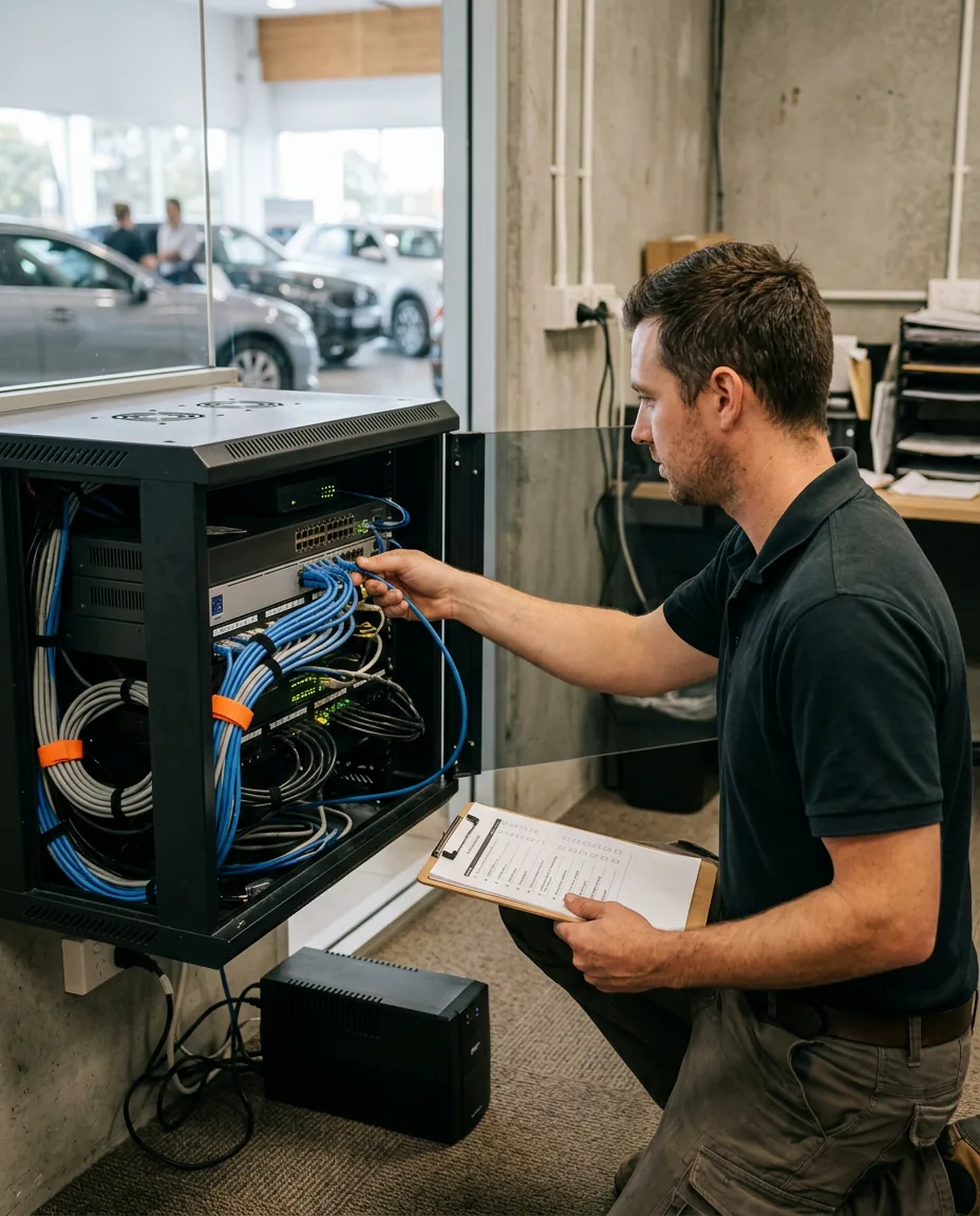 IT technician checking a patch cable at an open network cabinet in a car dealership back office while holding a printed checklist on a clipboard