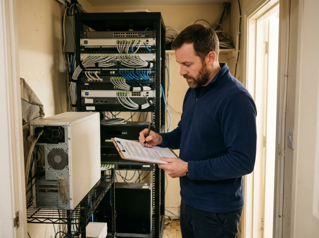 IT engineer checking a printed checklist on a clipboard in front of an open network equipment rack in a dealership back-office closet