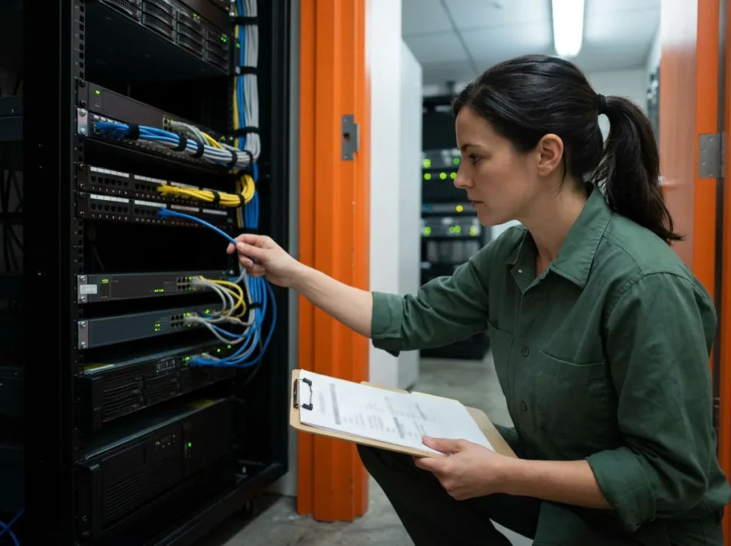IT engineer kneeling at an open equipment rack in a dealership network closet, tracing a cable while holding a checklist