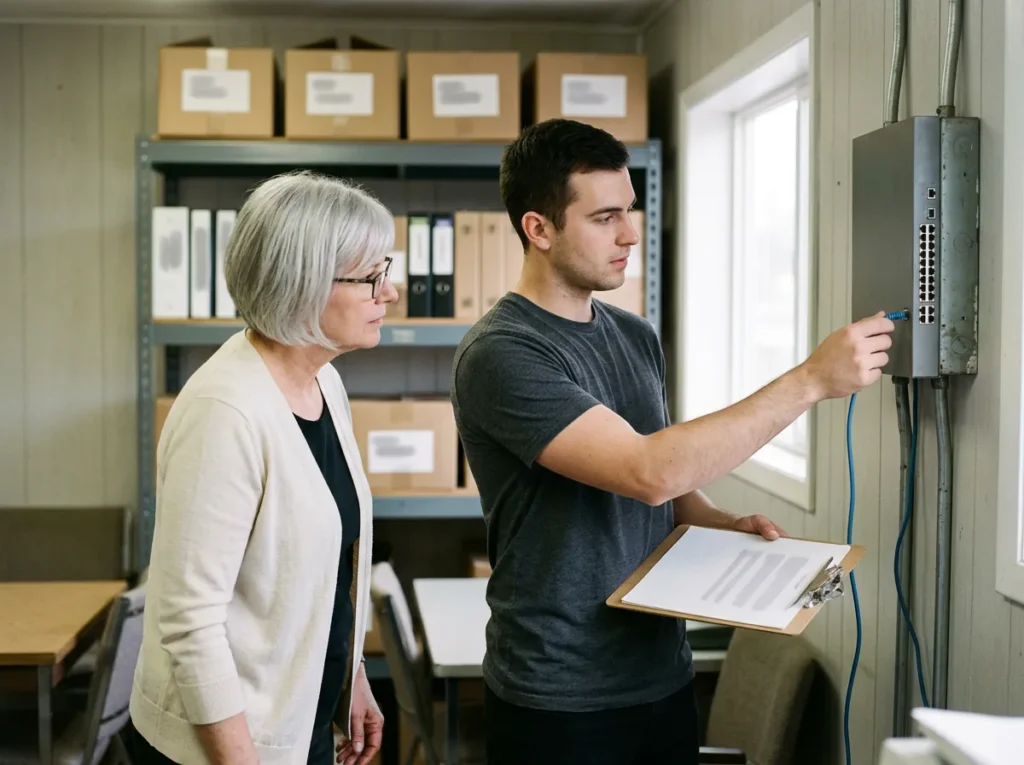 IT technician unplugging a network cable from a wall-mounted switch in a dealership back office while the controller watches, holding a clipboard with a printed checklist