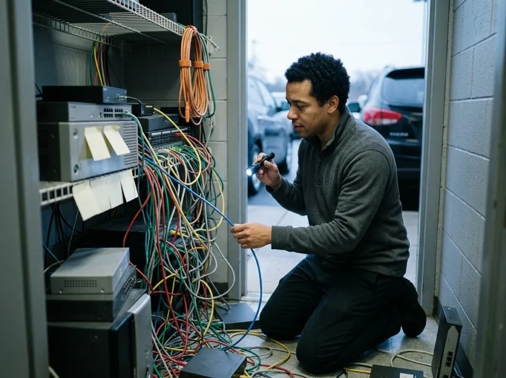 Technician tracing a cable with a flashlight in a crowded dealership network closet full of mismatched equipment from different vendors