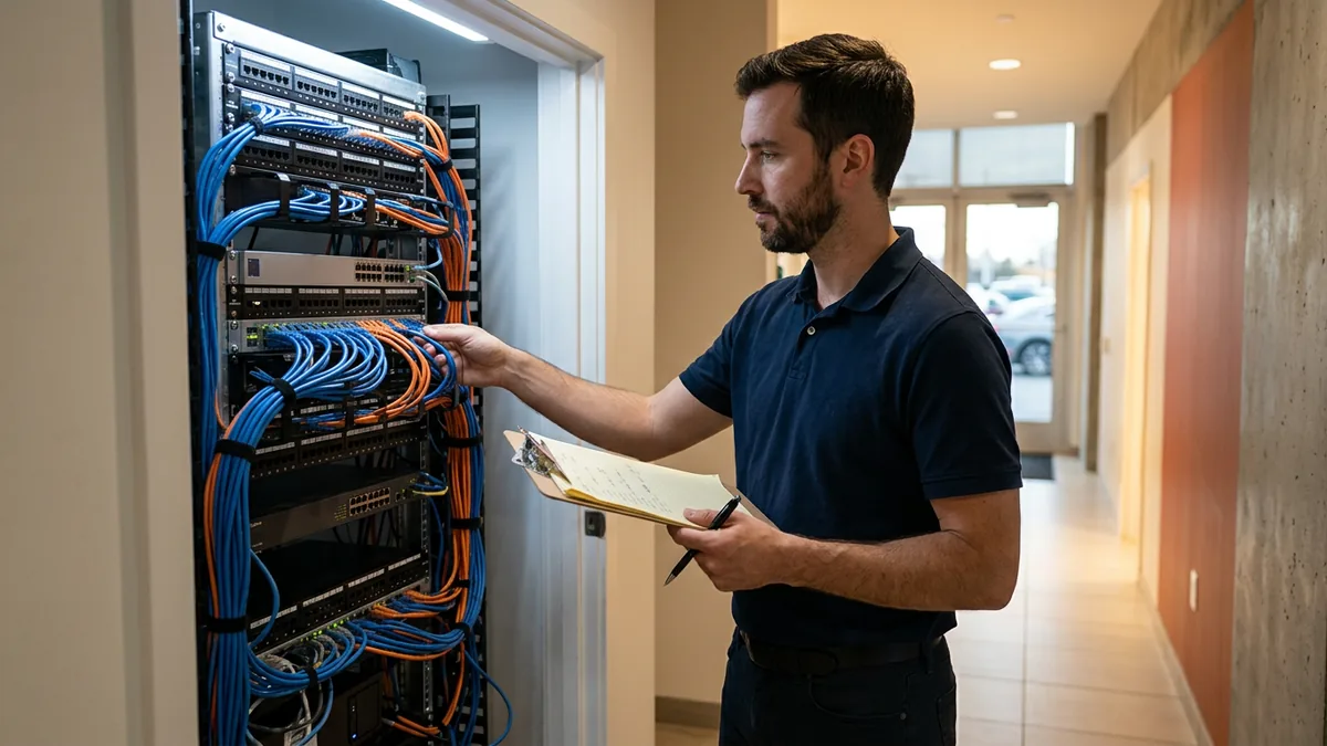 IT technician with a clipboard checking a dealership network rack, part of keeping the access logs that show what a breach did and did not reach