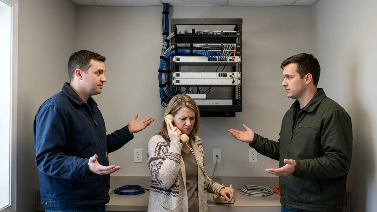Two outside technicians gesturing at each other in a dealership network room while the office manager holds the phone, with no single vendor owning the problem