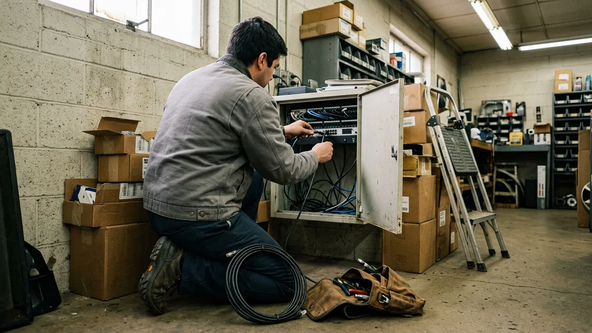 Network engineer kneeling at an open equipment cabinet in a dealership back room, reseating cables during an internet outage