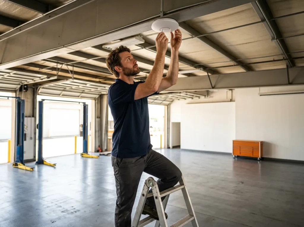 Network technician on a step ladder mounting a wireless access point to a ceiling beam in a dealership service shop