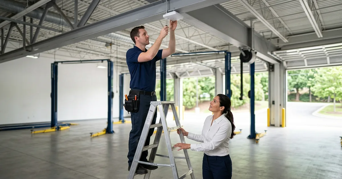 Network technician on a ladder installing a ceiling wireless access point in a dealership service shop while a service manager steadies the ladder