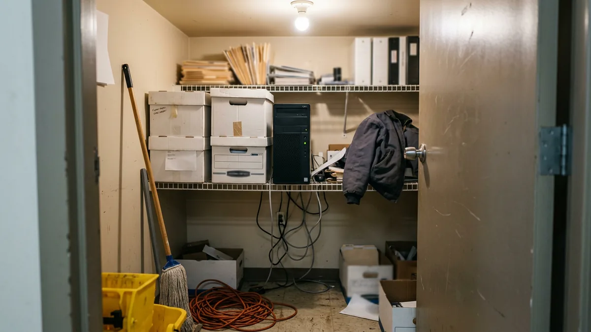 Desktop computer tower on a shelf in a cluttered dealership office closet, the wrong place to host an in-house AI app