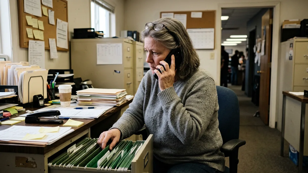 Dealership office manager on hold with the internet carrier, digging through a file drawer for the account number while the IT manager is out
