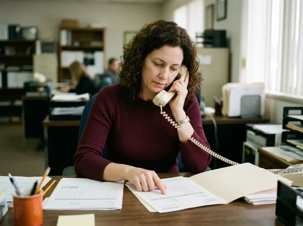Dealership office manager on a desk phone checking a line on a printed invoice, calling back to verify a payment request