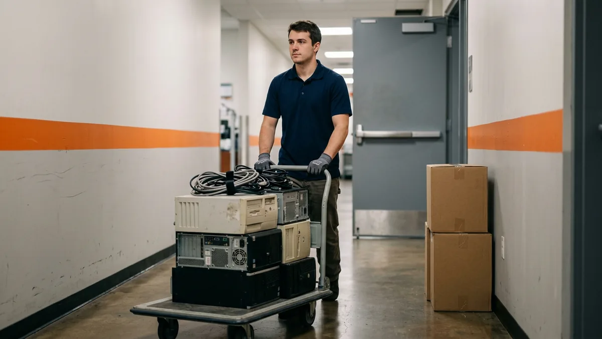 IT field technician wheeling a cart of old desktop PC towers down a dealership back hallway for secure retirement