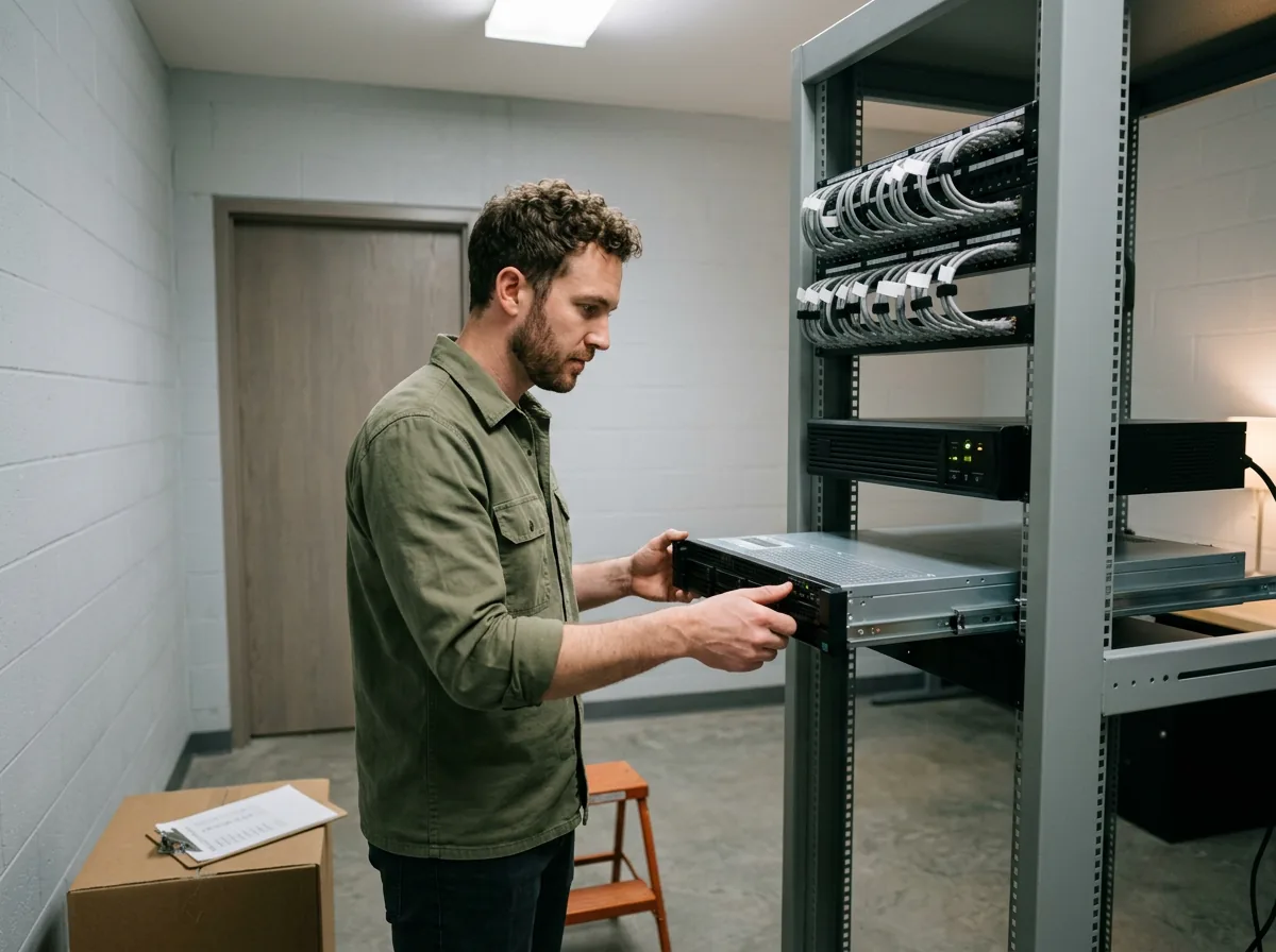 Systems technician sliding a rack-mounted server out of an equipment rack in a small car dealership server room