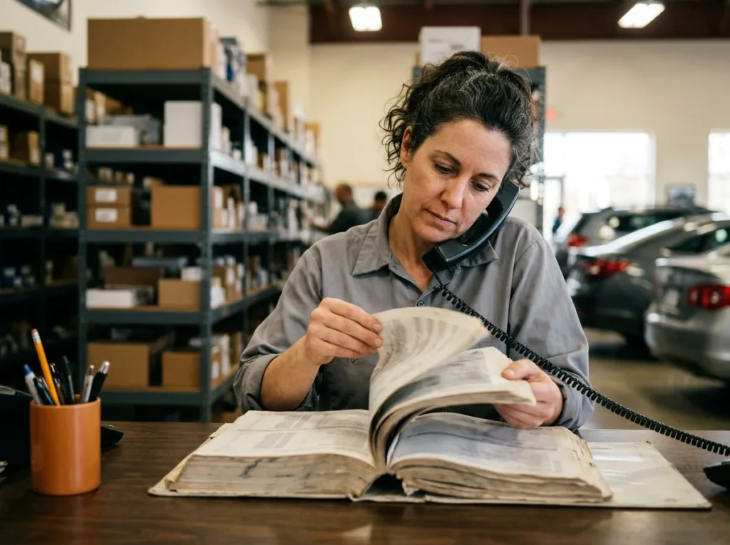 Dealership parts counterperson on a desk phone looking up a part in a printed parts binder