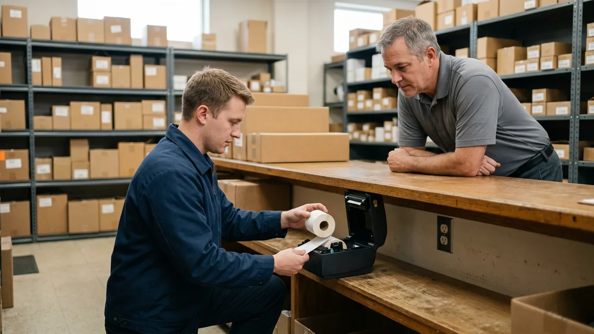 IT field technician reloading a parts counter label printer at a dealership while a parts employee watches, the kind of problem that keeps coming back