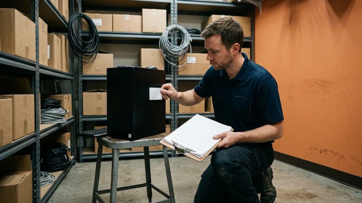 IT field technician pressing an asset label onto a dealership desktop PC tower while checking a printed inventory on a clipboard