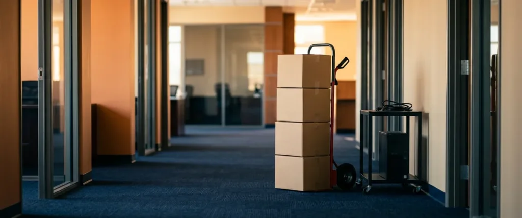 Boxes of new desktop computers on a hand truck beside an old PC tower on a cart in a dealership office hallway