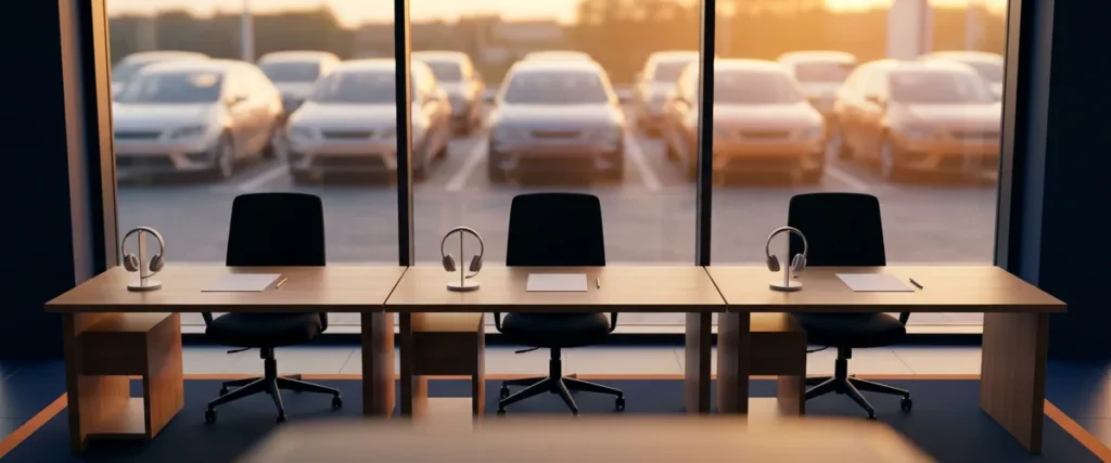 Empty dealership BDC desks with headsets and printed call logs at sunset, before a new BDC vendor is added