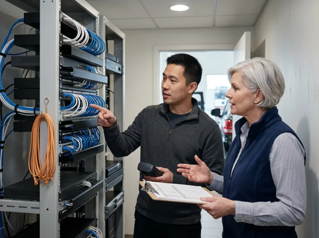 Technician and dealership service manager planning a phone and network cutover at an equipment rack with a printed checklist