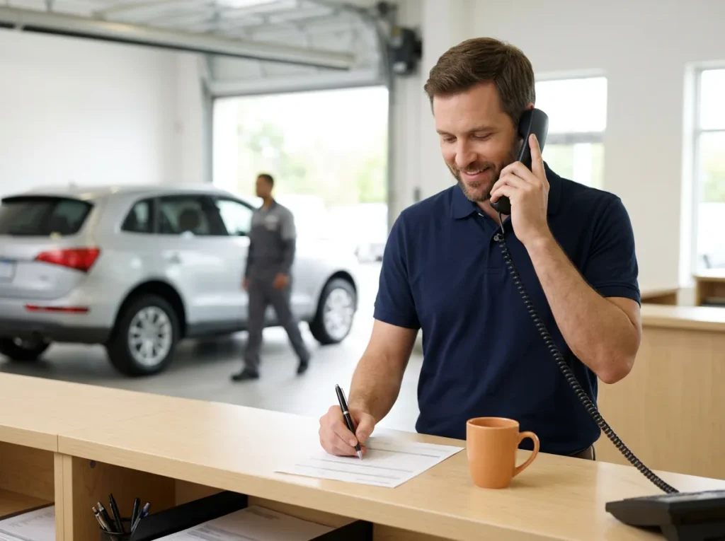 Service advisor taking a customer call on a desk phone at a dealership service drive write-up counter