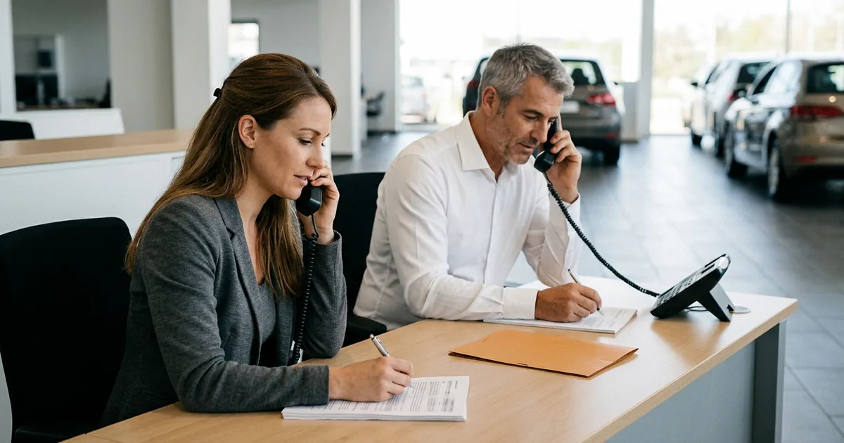 Two dealership salespeople taking customer calls on desk phones at the showroom sales desk