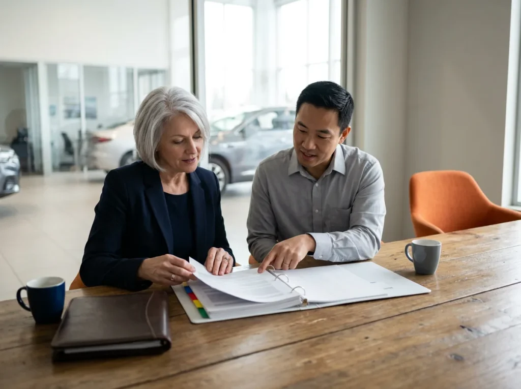 Dealer principal and controller reviewing a tabbed security program binder together at a conference table beside the showroom