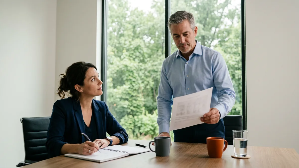 Dealer principal and controller reading a one-page monthly IT support report in a dealership conference room