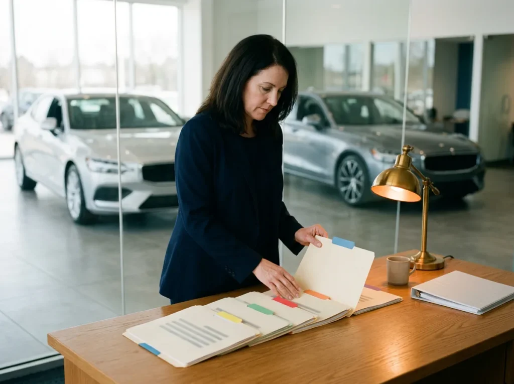 Dealer group controller sorting a row of colour-tabbed file folders at a desk in a glass-walled office overlooking a car dealership showroom