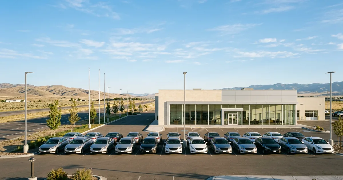 Modern franchised car dealership with a row of new cars out front on a clear morning beside an open highway, with low hills in the distance