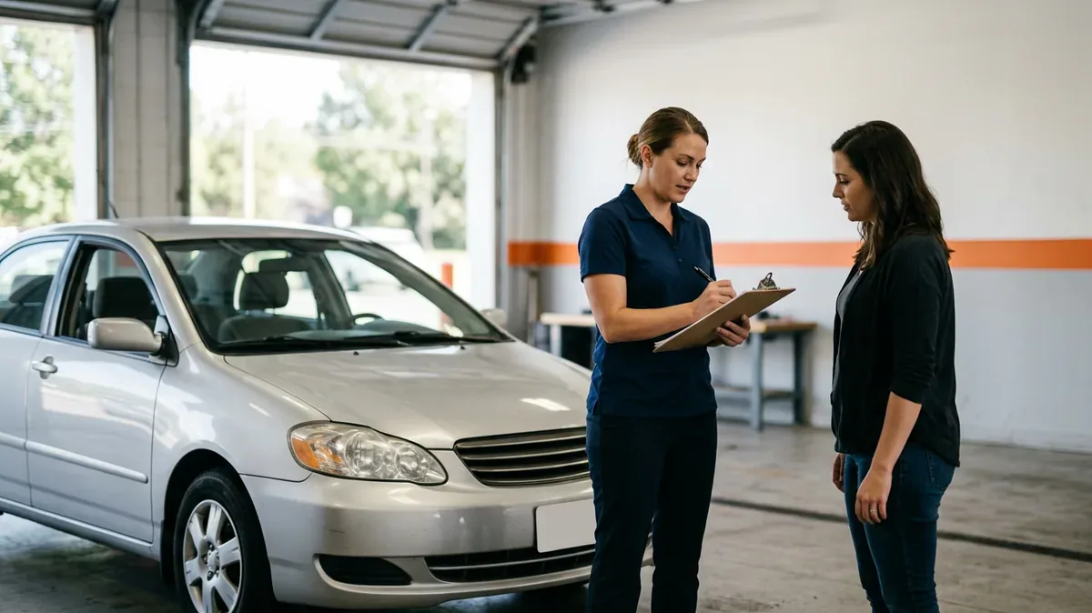Service advisor writing a repair order by hand on a clipboard in a dealership service drive beside a customer's car