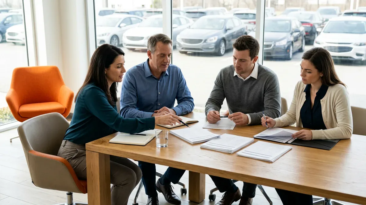 Dealership managers around a conference table reviewing printed outage procedures during a ransomware recovery practice session