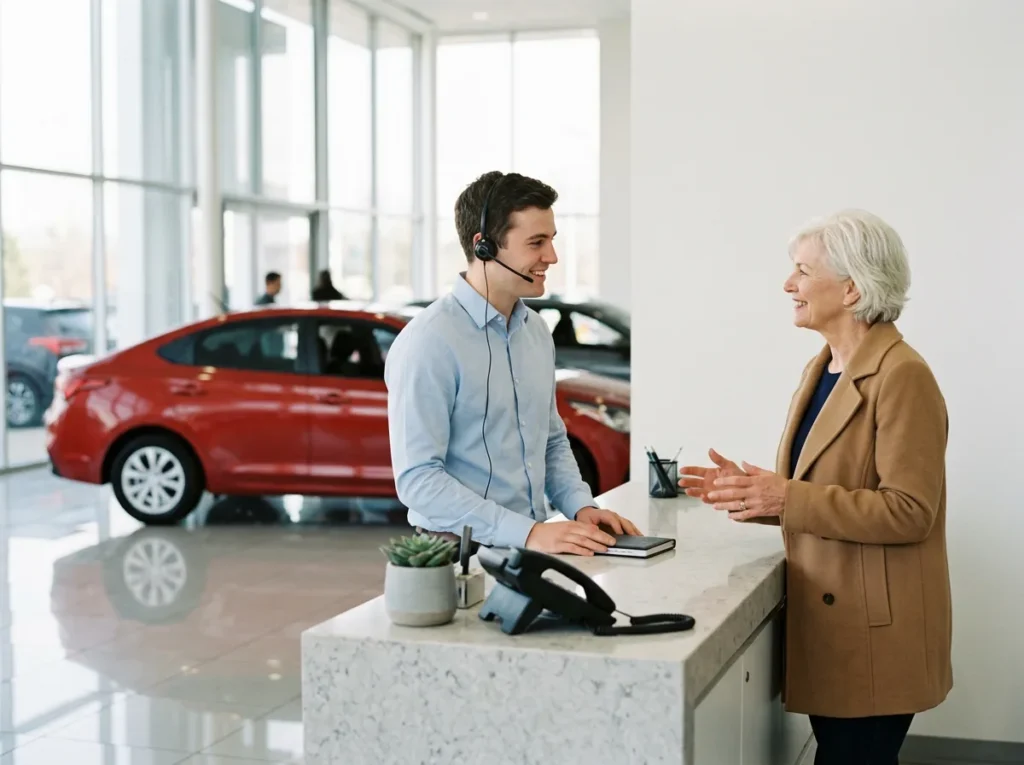 Dealership receptionist wearing a headset greeting a customer at the showroom front desk
