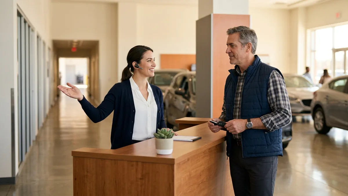 Dealership receptionist wearing a headset directs a service customer toward the service drive