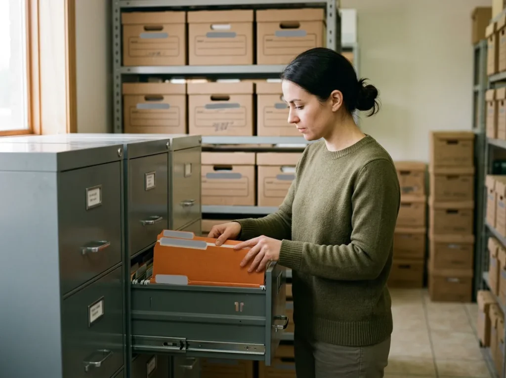 Office manager filing an orange folder into a fireproof cabinet in a dealership records room lined with archive boxes